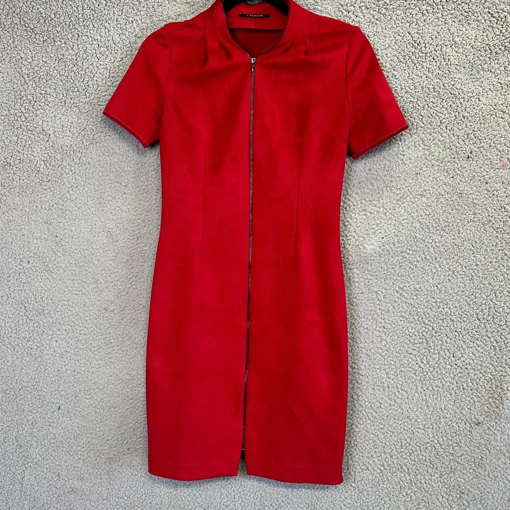 TAHARI Dress Womens 2 Red Full Zip Knee Length V Neck Short Sleeve  Stretch